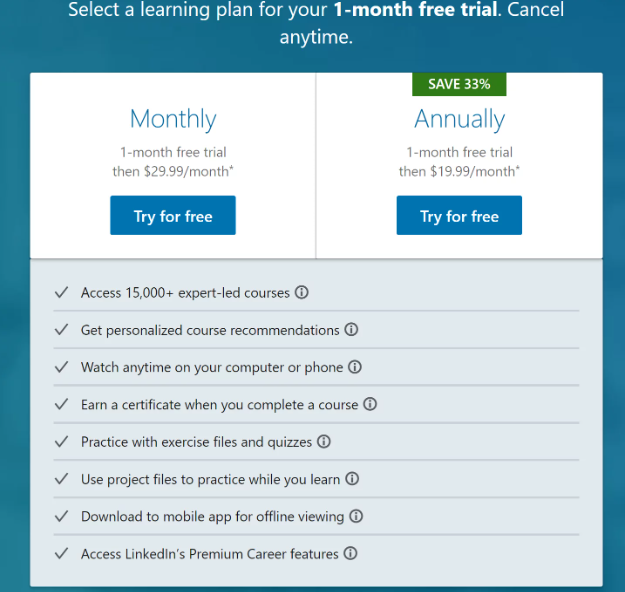 linkedin-learning-price for montly and annually subscription